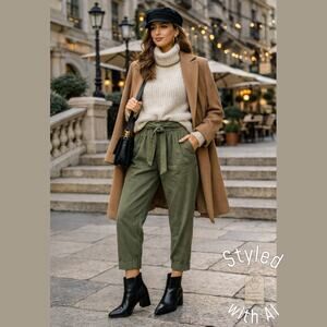 Zara Basic Olive Green Paperbag Waist Tie Belt Pants XS